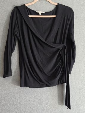CAbi Black Wrap-Style Long Sleeve Blouse with Side Tie